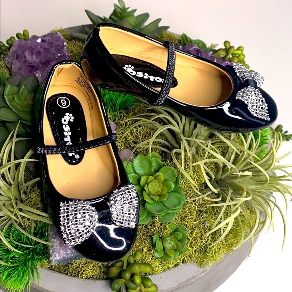 Ositos black ballet paten leather crystal bow girls party shoes 6